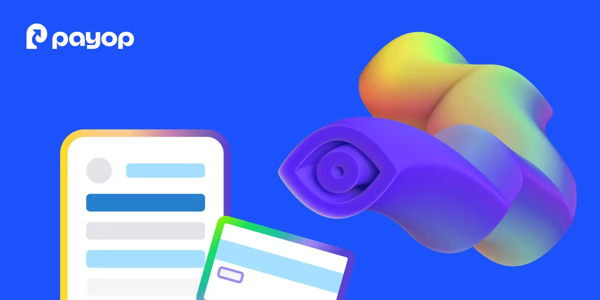 Blue background with Payop logo at top left. Colourful abstract 3D shapes and overlapping card-like elements convey a digital, modern feel.