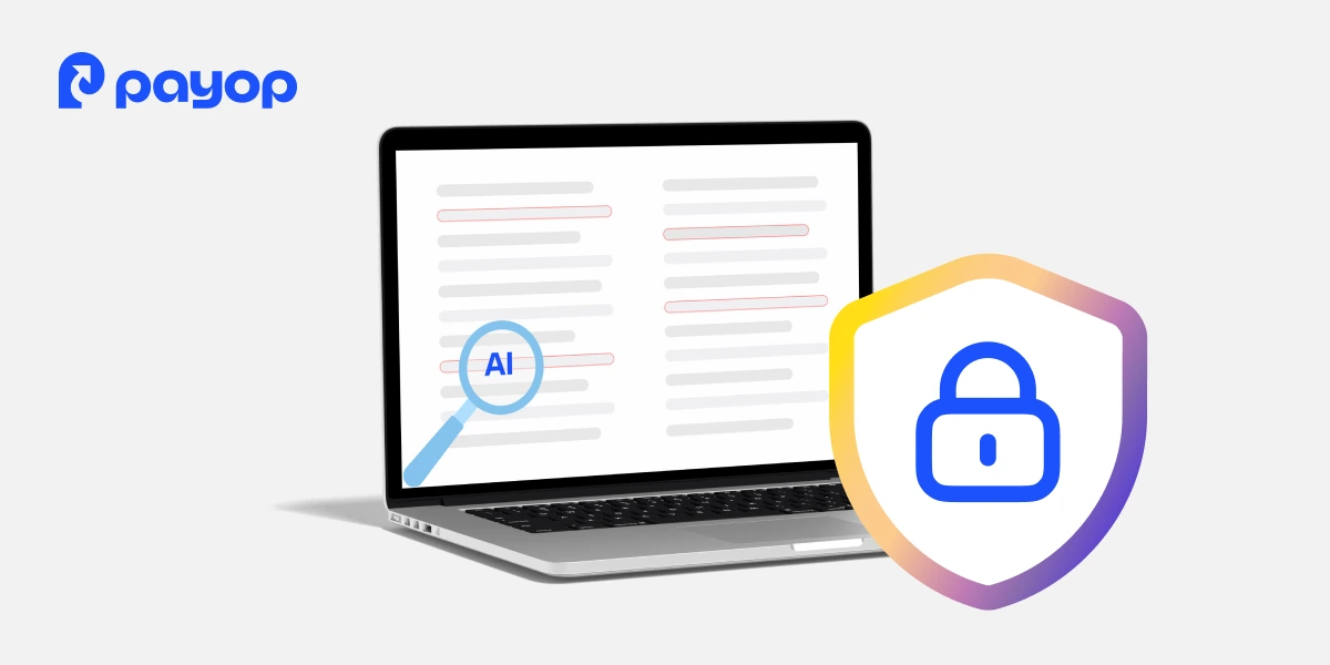 A laptop displaying text with an "AI" magnifying glass icon, next to a gradient-shaded shield icon with a lock, conveying security and protection.