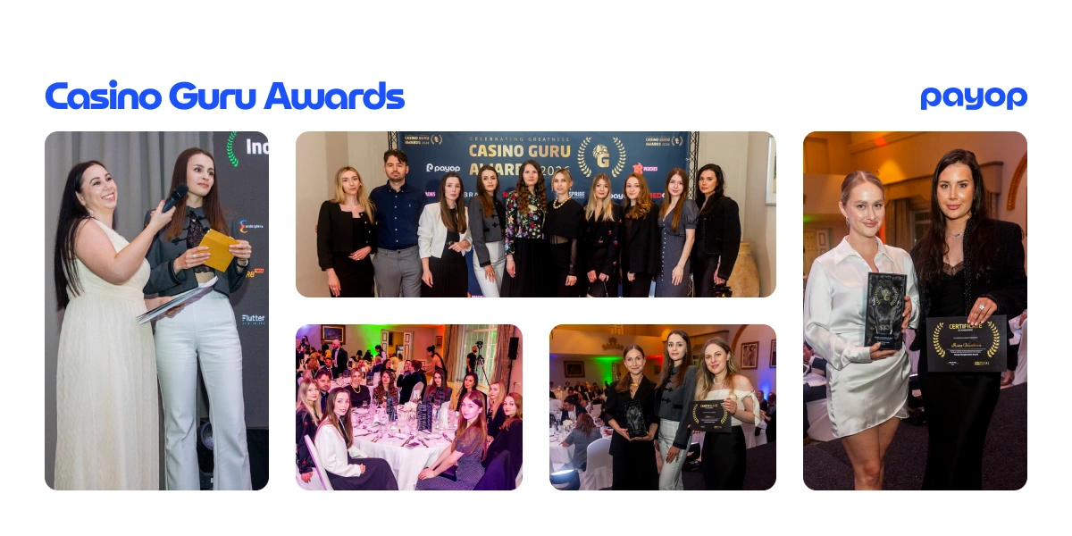 A photo collage featuring images of the Payop team at the Casino Guru Awards