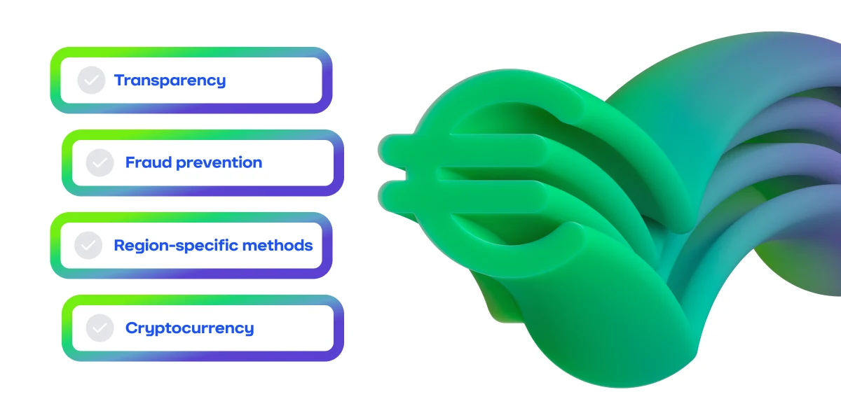 Payment features shown as a checklist, including transparency, fraud prevention, region-specific payment methods, and cryptocurrency support