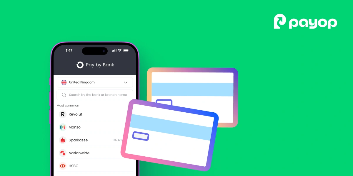 Comparison of pay by bank and credit card payment methods shown on a mobile app interface