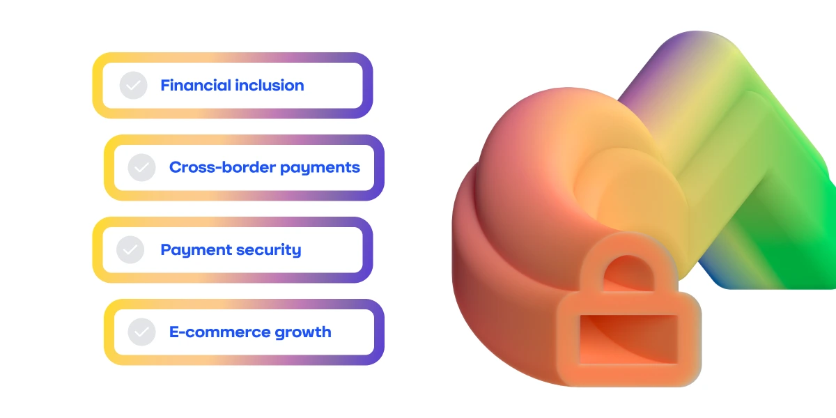 Illustration showing financial inclusion, cross-border payments, payment security and e-commerce growth with a lock icon