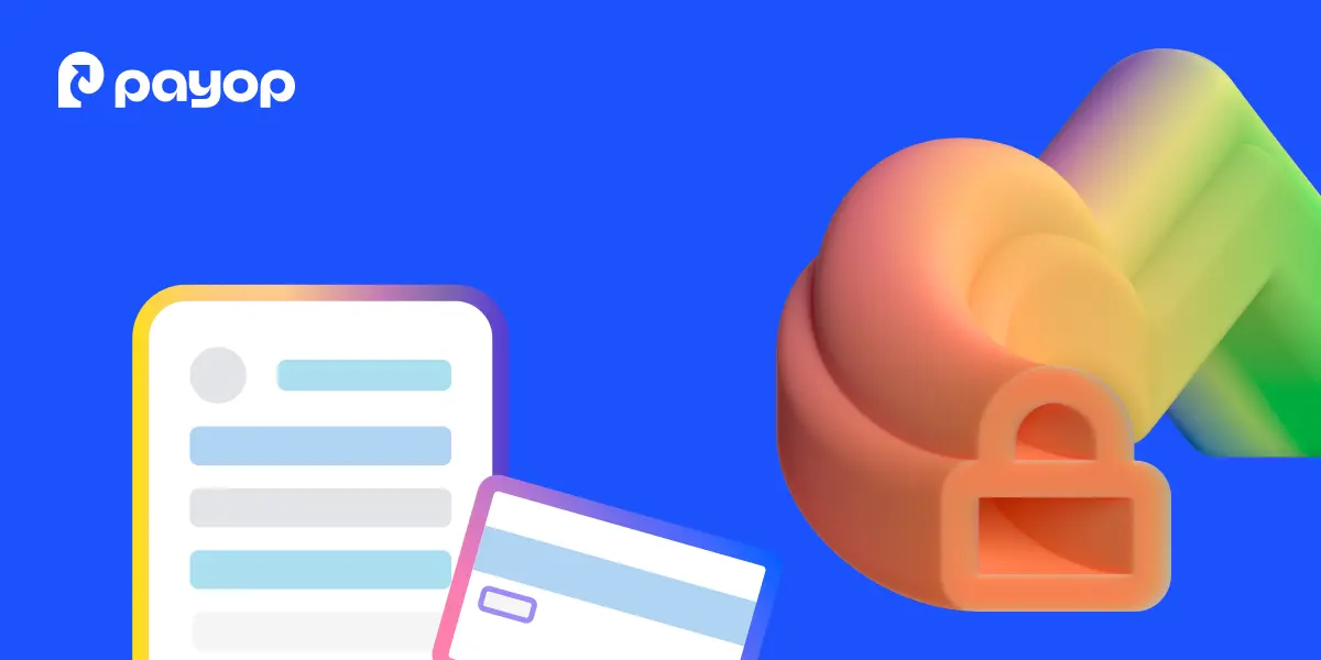 Online payments concept with lock icon, cards and mobile interface on a blue background