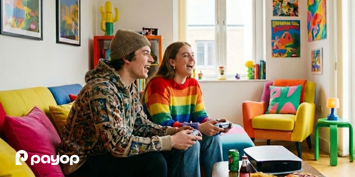 Two people playing video games together in a colorful living room with snacks and a game console