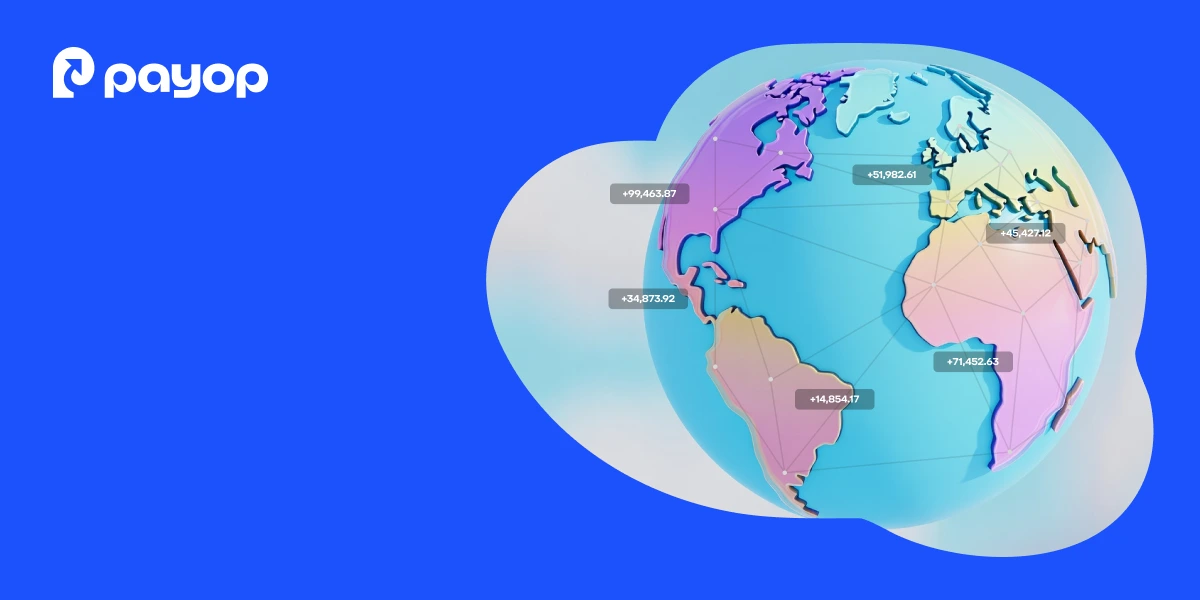 Globe illustration with transaction amounts across regions, representing international and cross-border payments worldwide