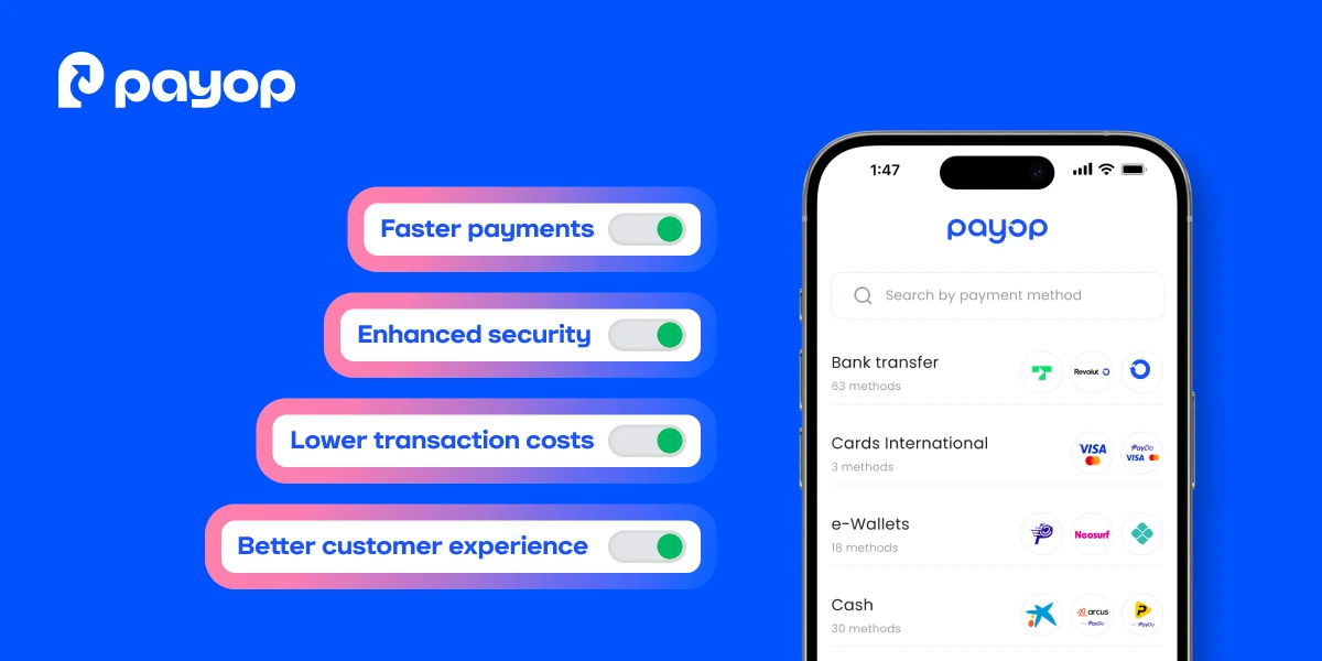 Pay by Bank benefits shown on a mobile app, including faster payments, enhanced security, lower costs and better user experience