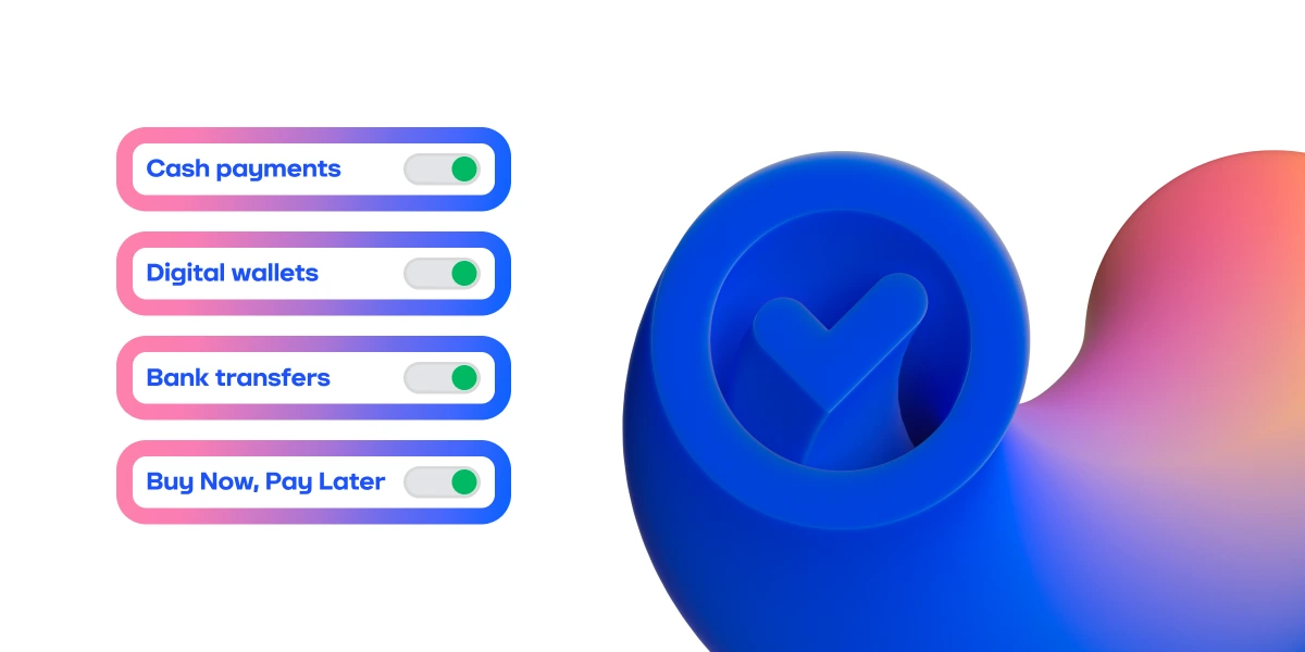 Payment methods overview showing cash payments, digital wallets, bank transfers and buy now, pay later options enabled