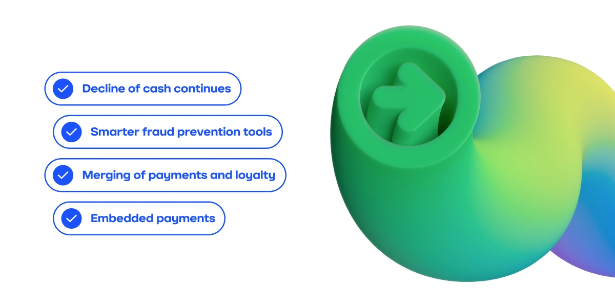 Checklist of key trends shaping the UK payment landscape, including declining cash use, fraud prevention, loyalty integration and embedded payments