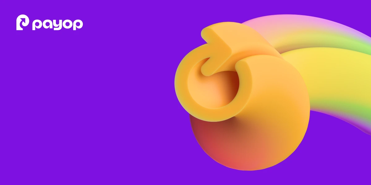 Abstract 3D yellow and orange curved shapes forming an arrow on a purple background, with the Payop logo in the top-left corner