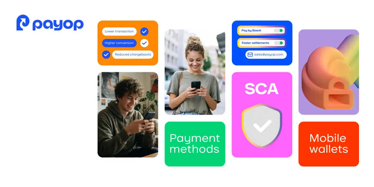 Collage showing people using smartphones, Pay by Bank features, SCA shield icon, and mobile wallet visuals