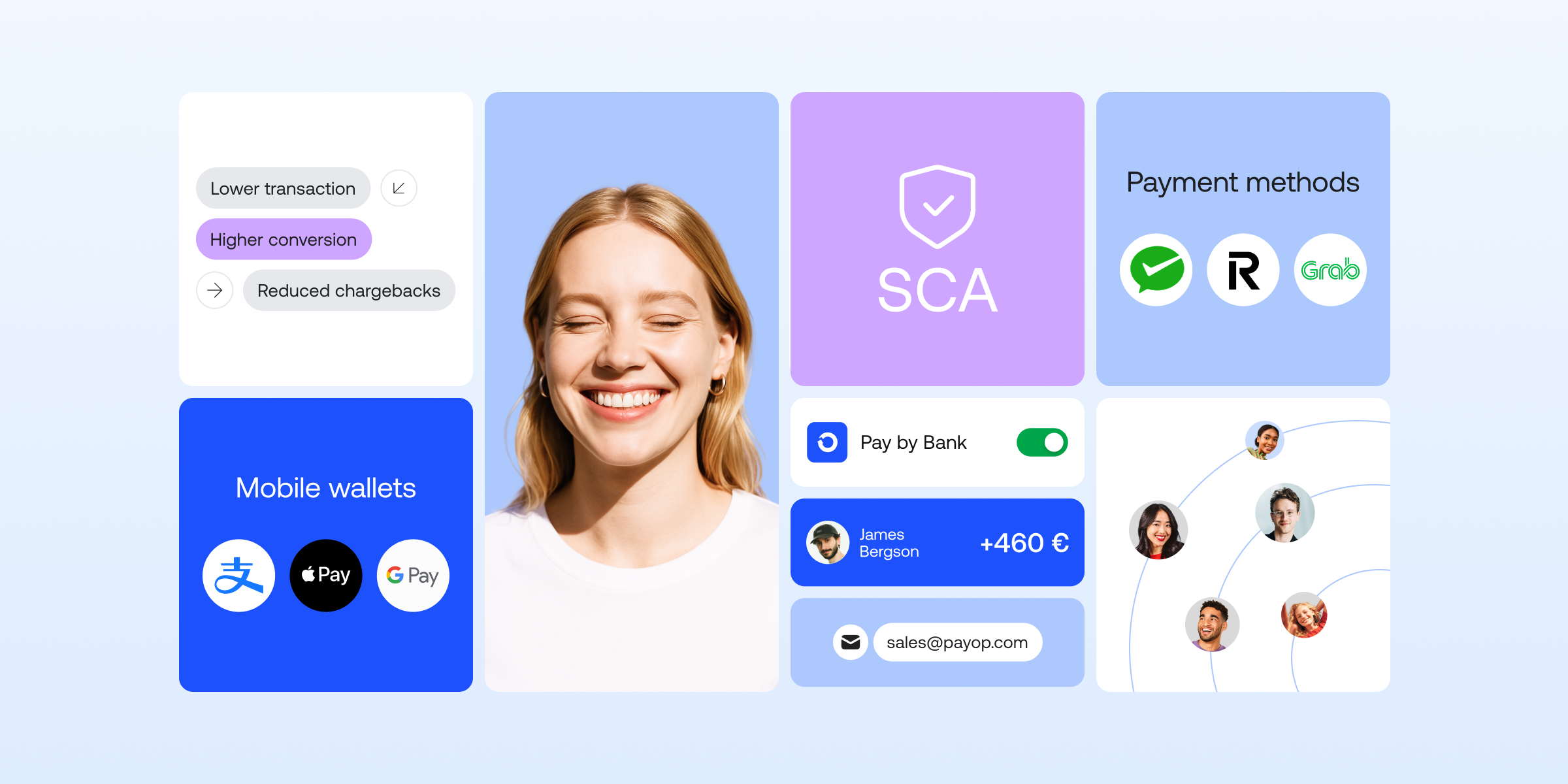 Illustration of Pay by Bank and mobile wallets like Alipay, Apple Pay, and Google Pay, highlighting benefits such as lower costs, higher conversion, and reduced chargebacks.