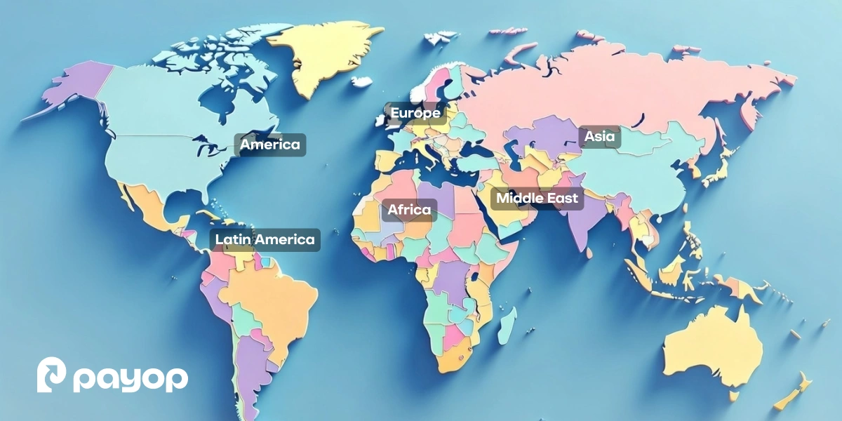 Illustrated world map with pastel-coloured regions labelled America, Europe, Africa, Middle East, Asia, and Latin America