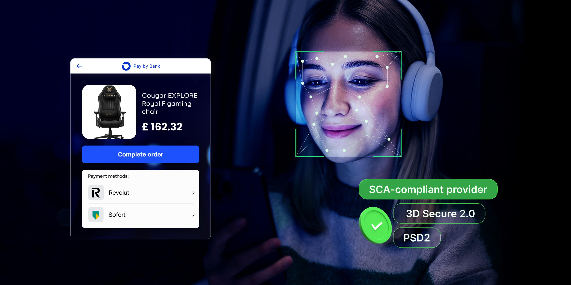 A girl in headphones making online payment with SCA