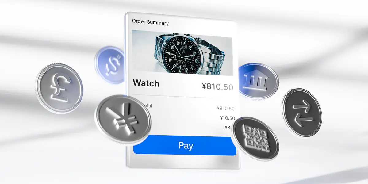 Checkout page with coins of different currencies flying around