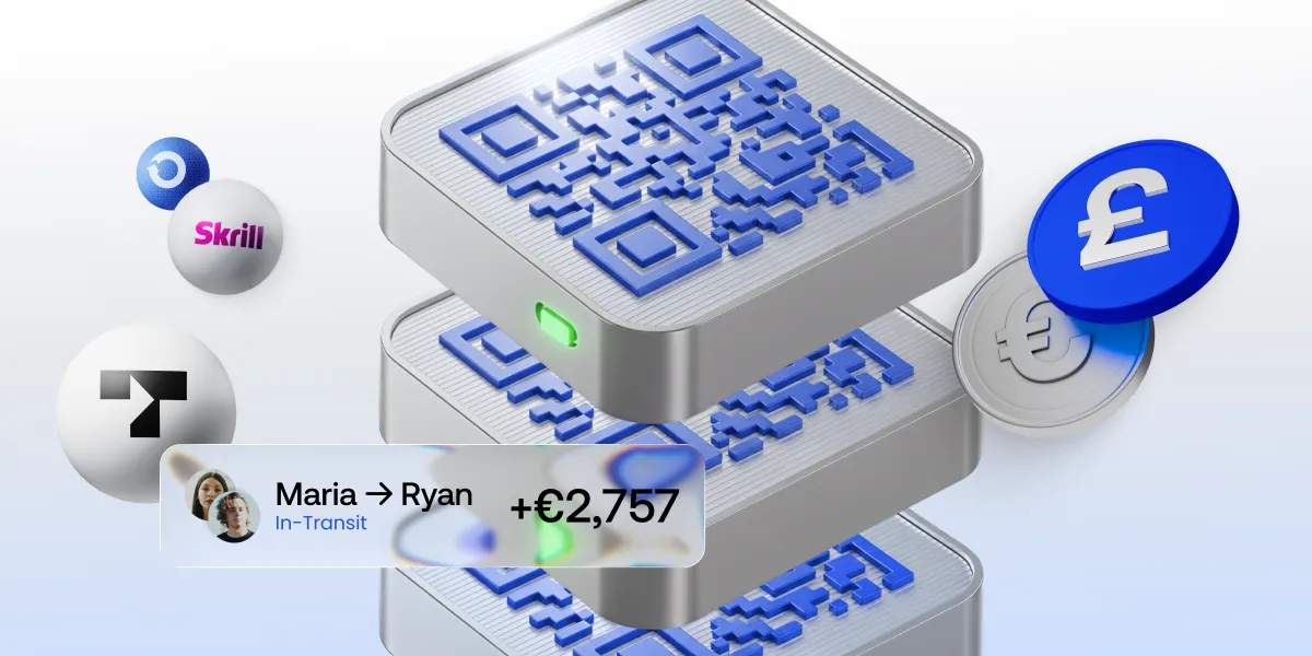 Three QR codes, coins in different currencies and a line showing a transaction between two accounts