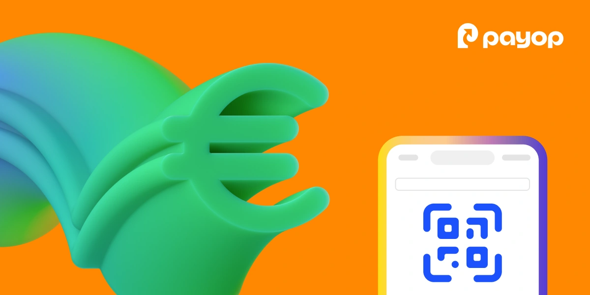 Green euro symbol flowing across an orange background next to a mobile screen with a QR code and Payop logo
