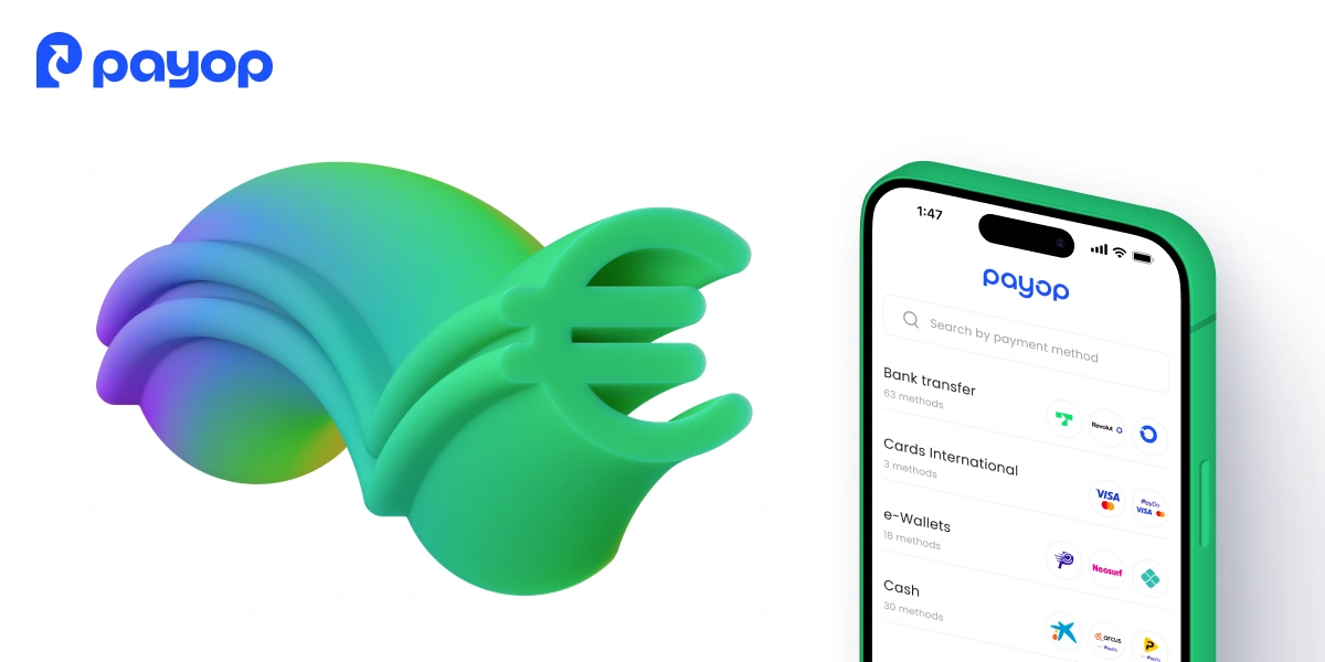 White background with the Payop logo, a green abstract 3D shape on the left, and a smartphone on the right displaying the Payop app with a list of payment methods