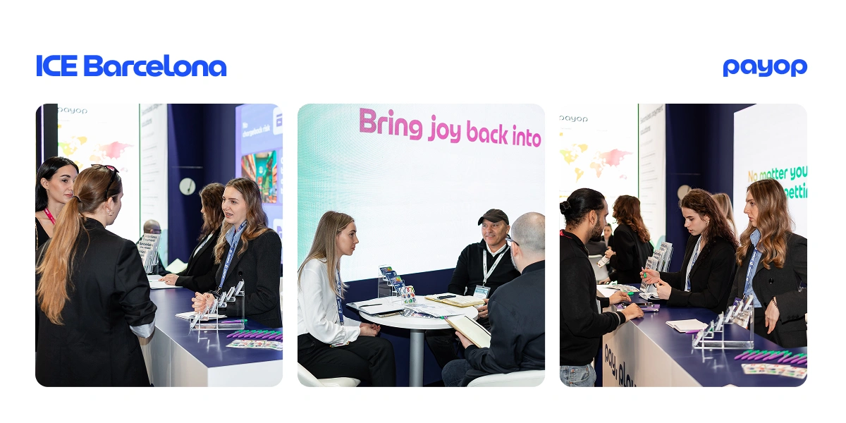 Three images from an ICE Barcelona event show people engaged in discussions at modern booths. The tone is professional and collaborative.