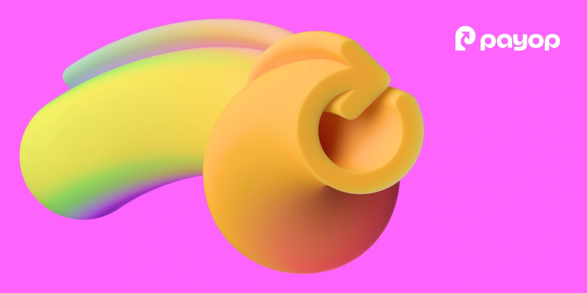 Abstract 3D shapes in yellow and gradient hues appear on a vibrant pink background. The Payop logo is in the upper left corner.