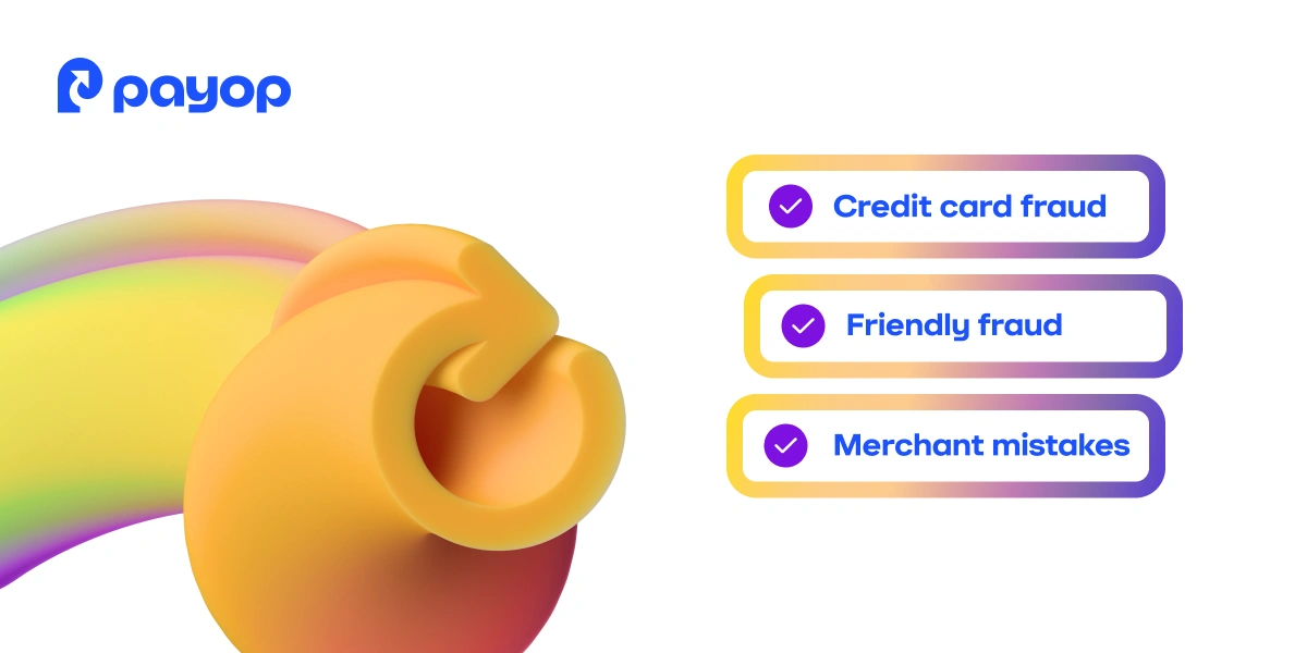 A colourful swirl with a checkmark arrow design is next to the "Payop" logo. Beside it are three checklist items: Credit card fraud, Friendly fraud, and  Merchant mistakes.