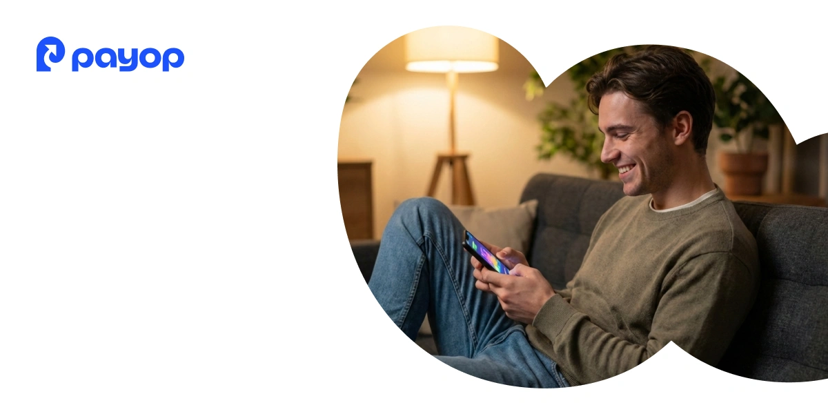 A man on a sofa smiles as he uses a smartphone, creating a relaxed atmosphere. A warm-lit lamp and a plant are in the background. The Payop logo is on the left.