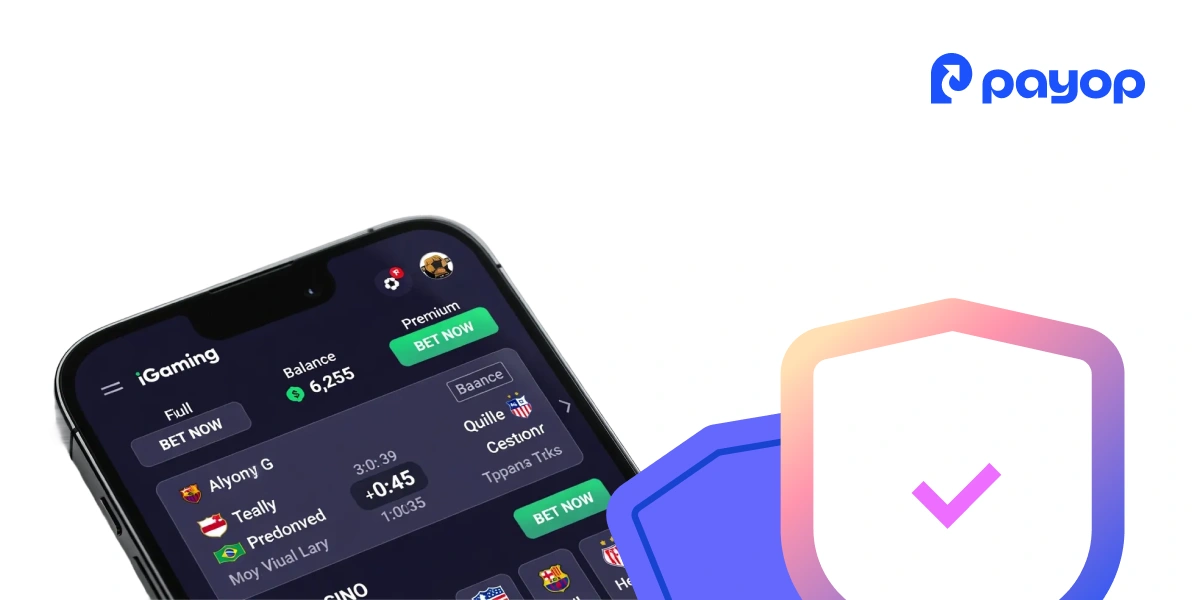 A smartphone screen displaying a sports betting app with betting options and icons, next to a shield with a checkmark. Payop logo in the top right corner.