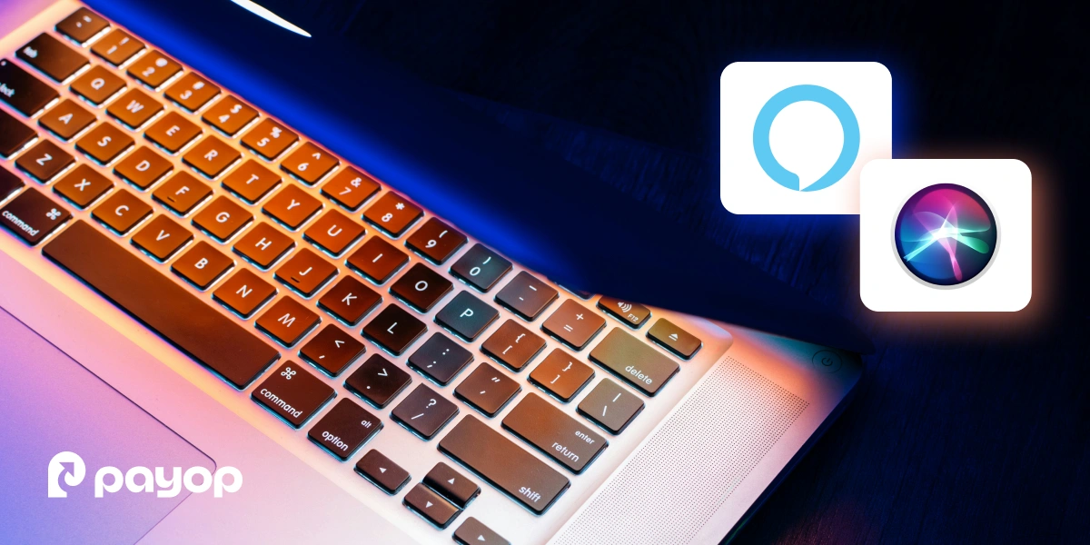 A laptop keyboard glows with colourful backlighting. Above, icons suggest voice assistants. The Payop logo is visible.