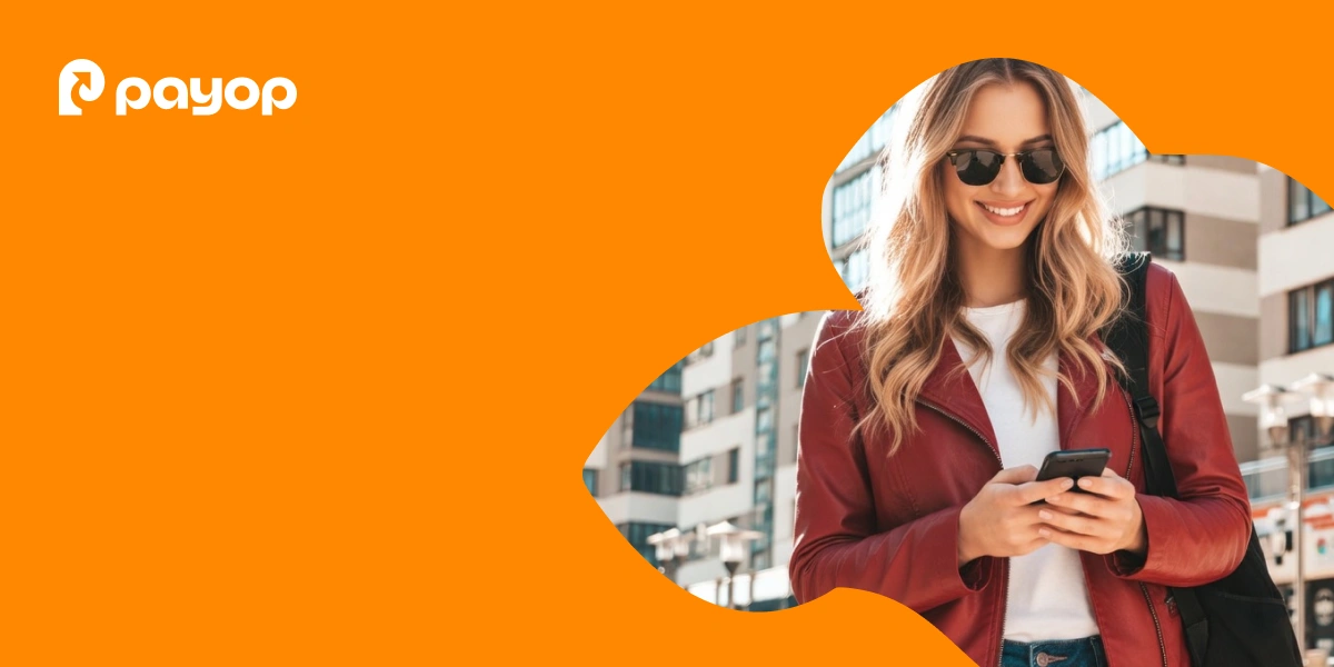 A smiling woman in sunglasses and a red jacket uses a smartphone. Urban background with modern buildings. Bright orange overlay with Payop logo