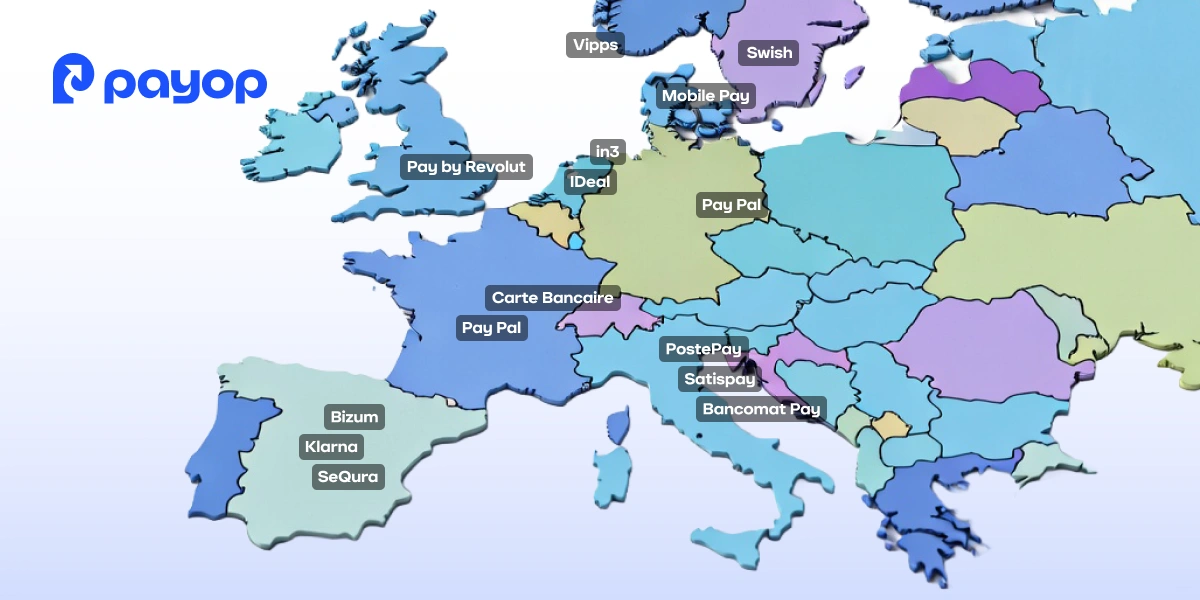 Map of Europe showing preferred payment methods by country. Labels include PayPal, Swish, iDeal, and others. The Payop logo is in the top left corner.