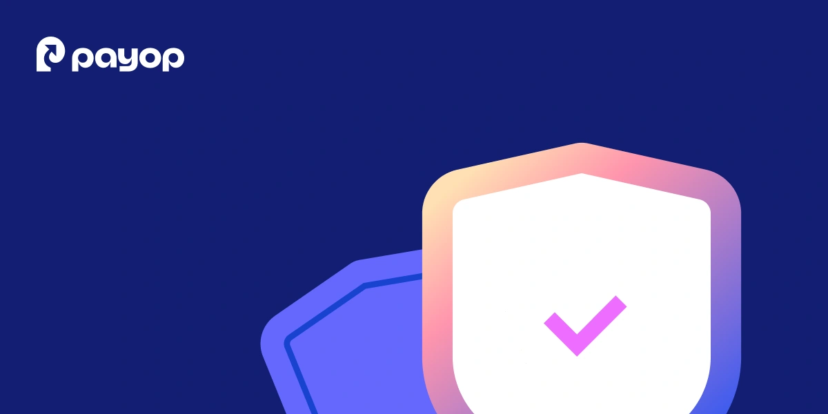 A dark blue background features the Payop logo in the top left. Two shield icons are on the right, one with a pink check mark, indicating security.