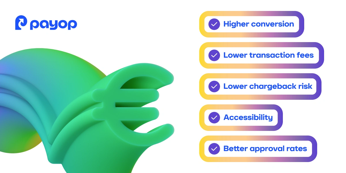 A colourful abstract Euro symbol beside a checklist highlighting the benefits of local payment methods: higher conversion, lower fees, reduced chargeback risk, accessibility, and better approval rates.